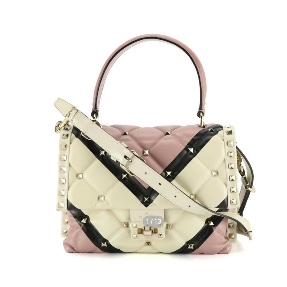 Valentino Garavani Pink and Cream Quilted Stud Satchel